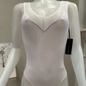 Black Tape_ White Ribbed Sleeveless Lace Trimmed Bodysuit